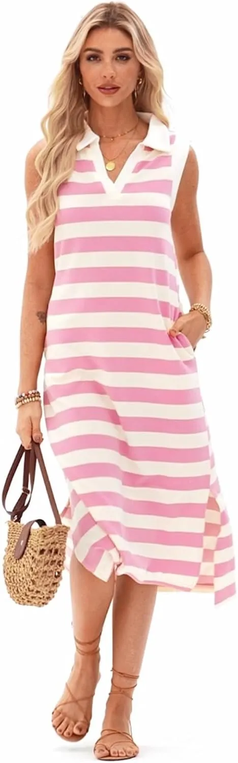AlvaQ Womens Summer Dresses 2025 V Neck Sleeveless Casual Spring Cute Beach Striped Split Maxi Sundress with Pockets