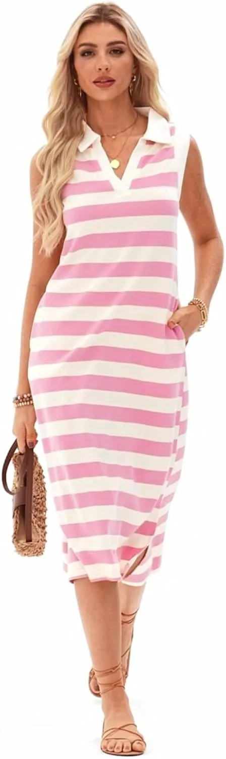 AlvaQ Womens Summer Dresses 2025 V Neck Sleeveless Casual Spring Cute Beach Striped Split Maxi Sundress with Pockets