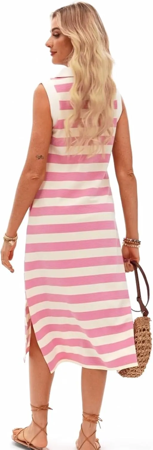 AlvaQ Womens Summer Dresses 2025 V Neck Sleeveless Casual Spring Cute Beach Striped Split Maxi Sundress with Pockets