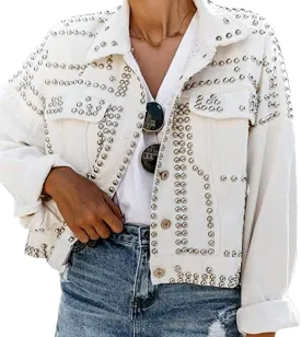 APAFES Women's Fashion Crop Fringe Denim Jacket Distressed Western Studded Black Trucker Jacket