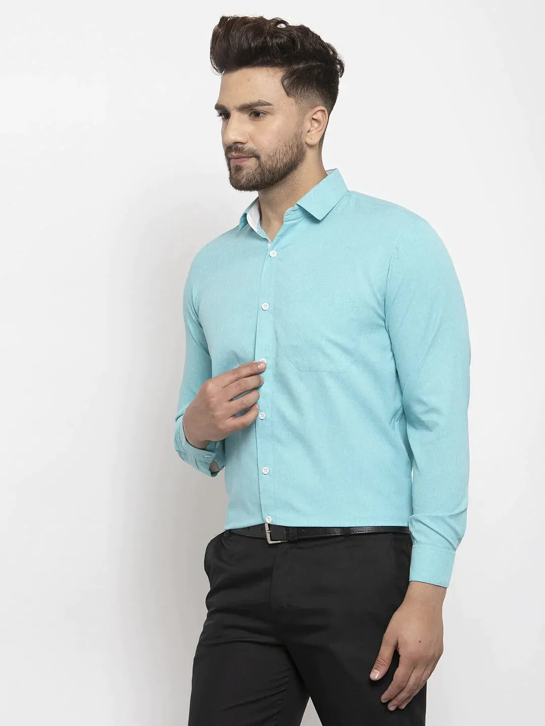 Aqua Blue Formal Shirt With White Detailing