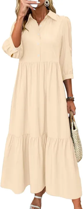 chouyatou Women's Casual Button Up Polo Collar Shirt Dress 3/4 Sleeve Ruffle Tiered Maxi Long Dress