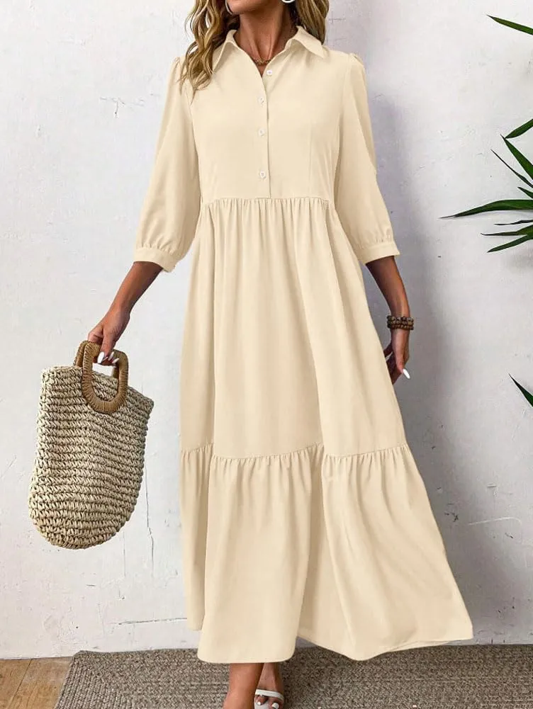 chouyatou Women's Casual Button Up Polo Collar Shirt Dress 3/4 Sleeve Ruffle Tiered Maxi Long Dress
