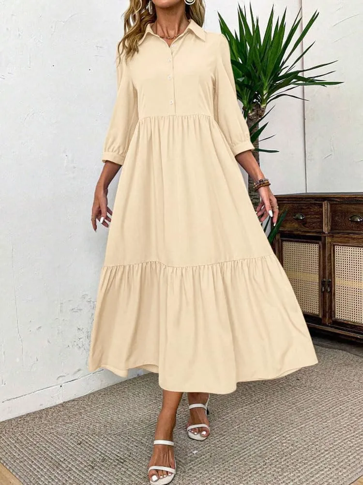 chouyatou Women's Casual Button Up Polo Collar Shirt Dress 3/4 Sleeve Ruffle Tiered Maxi Long Dress