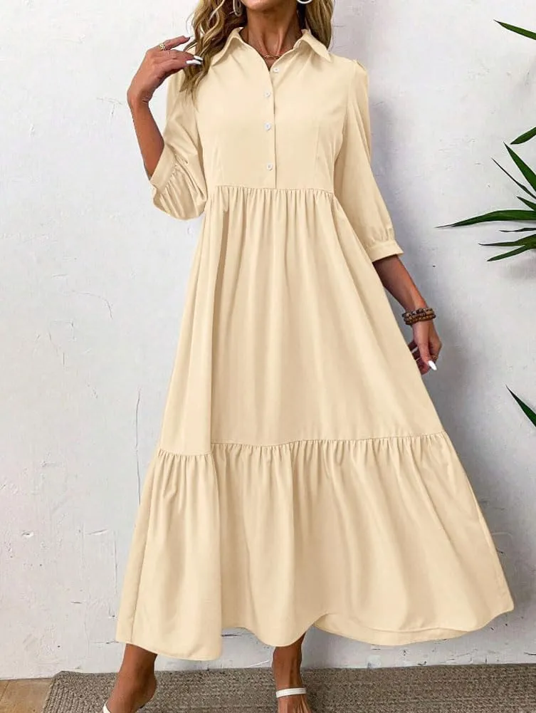 chouyatou Women's Casual Button Up Polo Collar Shirt Dress 3/4 Sleeve Ruffle Tiered Maxi Long Dress