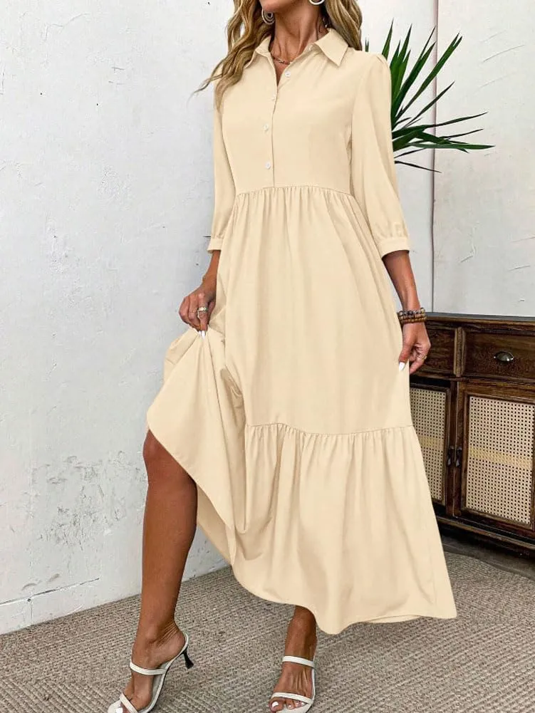 chouyatou Women's Casual Button Up Polo Collar Shirt Dress 3/4 Sleeve Ruffle Tiered Maxi Long Dress