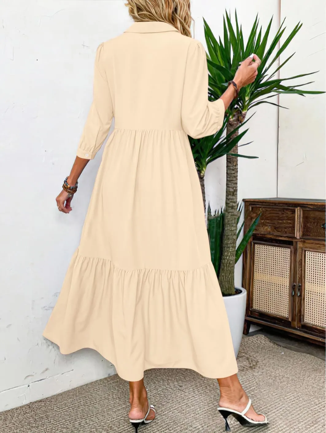 chouyatou Women's Casual Button Up Polo Collar Shirt Dress 3/4 Sleeve Ruffle Tiered Maxi Long Dress