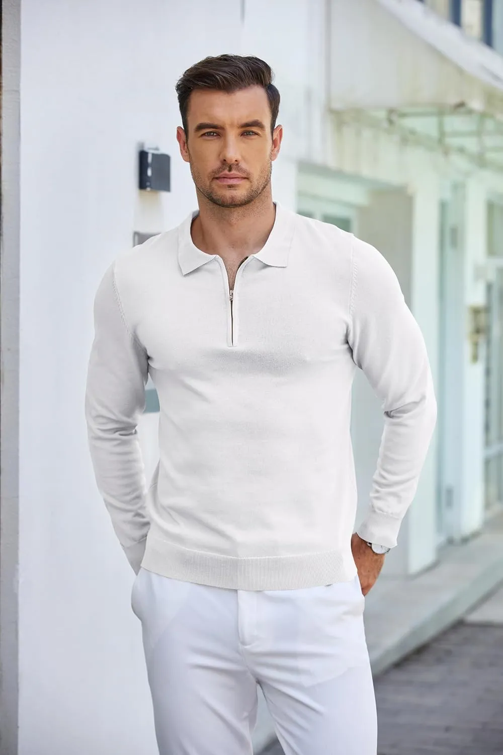 COOFANDY Mens Knit Polo Shirt Quarter Zip Slim Fit Pullover Long Sleeve Sweater Polo