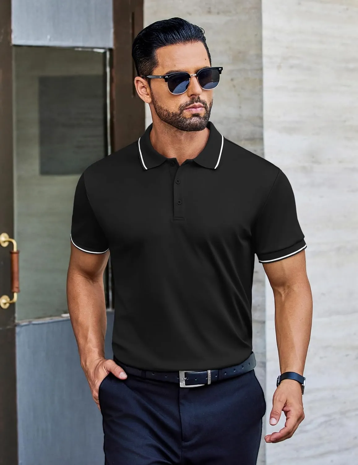 COOFANDY Mens Polo Shirts Short Sleeve Golf Polo Button Pullover Casual Contrast Color Basic T Shirt Ribbed Collar