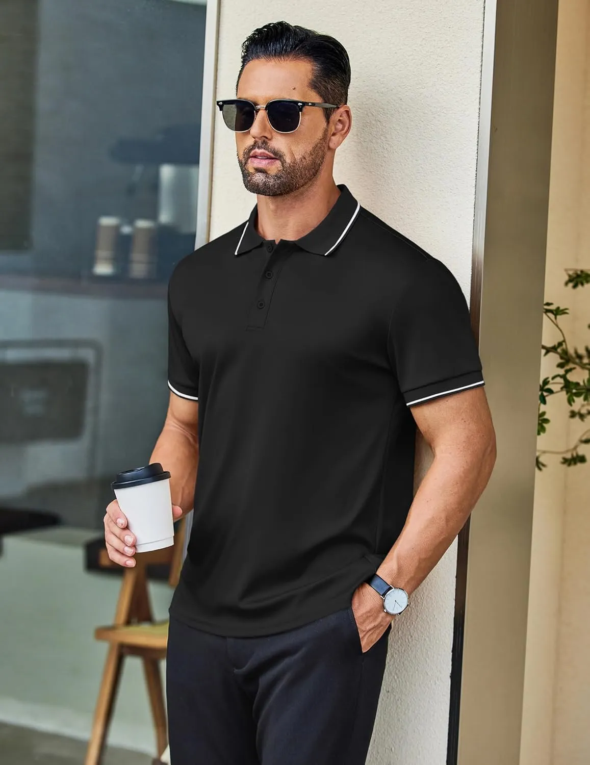 COOFANDY Mens Polo Shirts Short Sleeve Golf Polo Button Pullover Casual Contrast Color Basic T Shirt Ribbed Collar