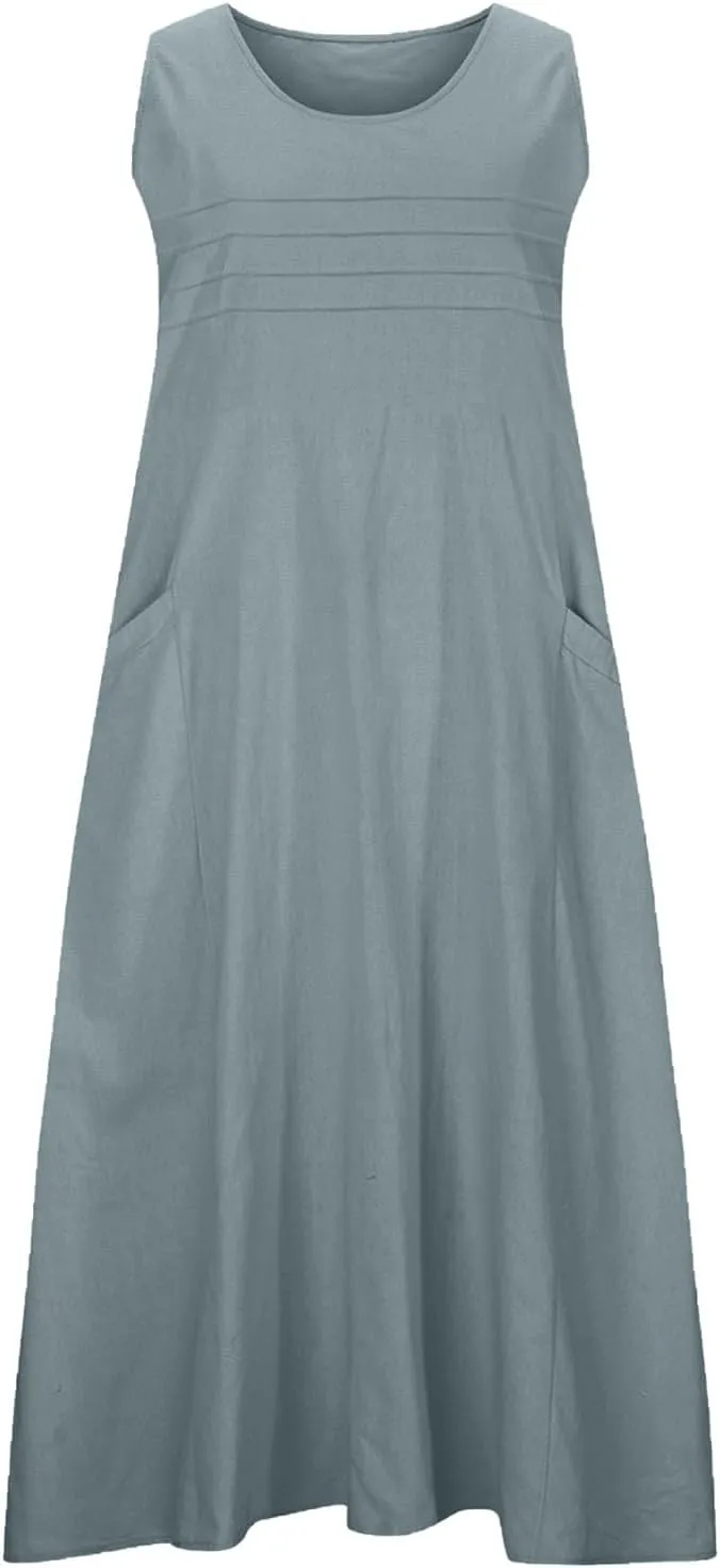 Cotton Linen Tank Dresses for Women Casual Summer Sleeveless Pleated Front Scoop Neck Flowy Midi Sundress with Pockets