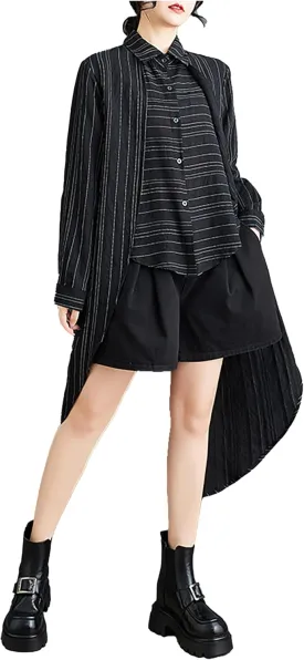 ellazhu Women's Shirt Lapel Flowy Asymmetrical Tops Strip Button Down Long Sleeve Casual GZ348