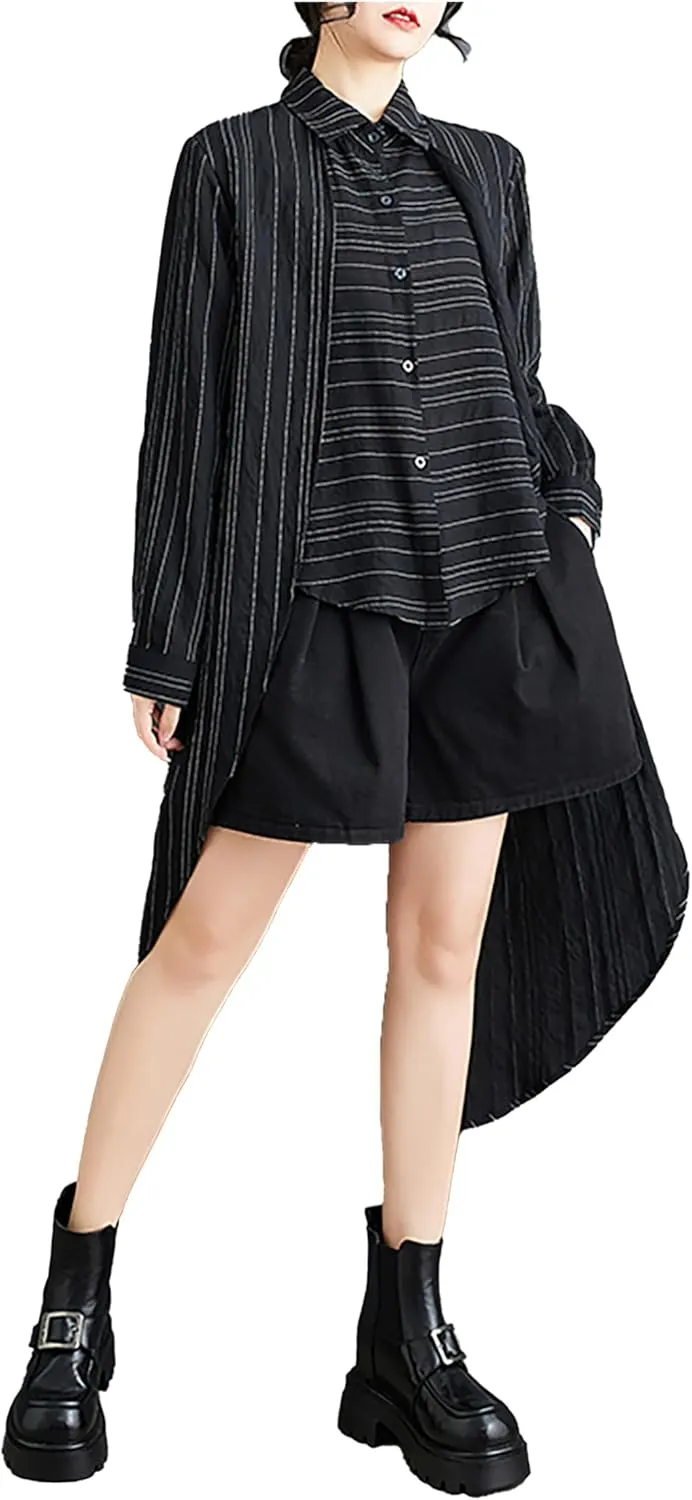 ellazhu Women's Shirt Lapel Flowy Asymmetrical Tops Strip Button Down Long Sleeve Casual GZ348