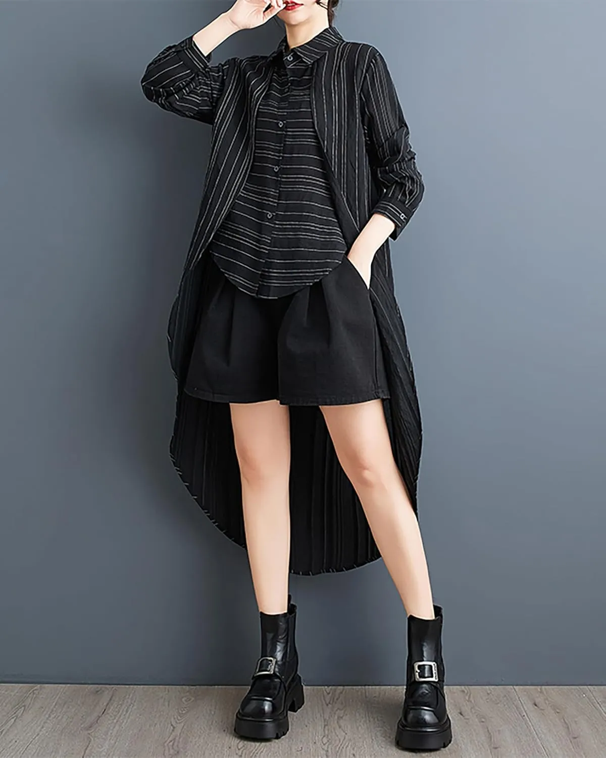 ellazhu Women's Shirt Lapel Flowy Asymmetrical Tops Strip Button Down Long Sleeve Casual GZ348