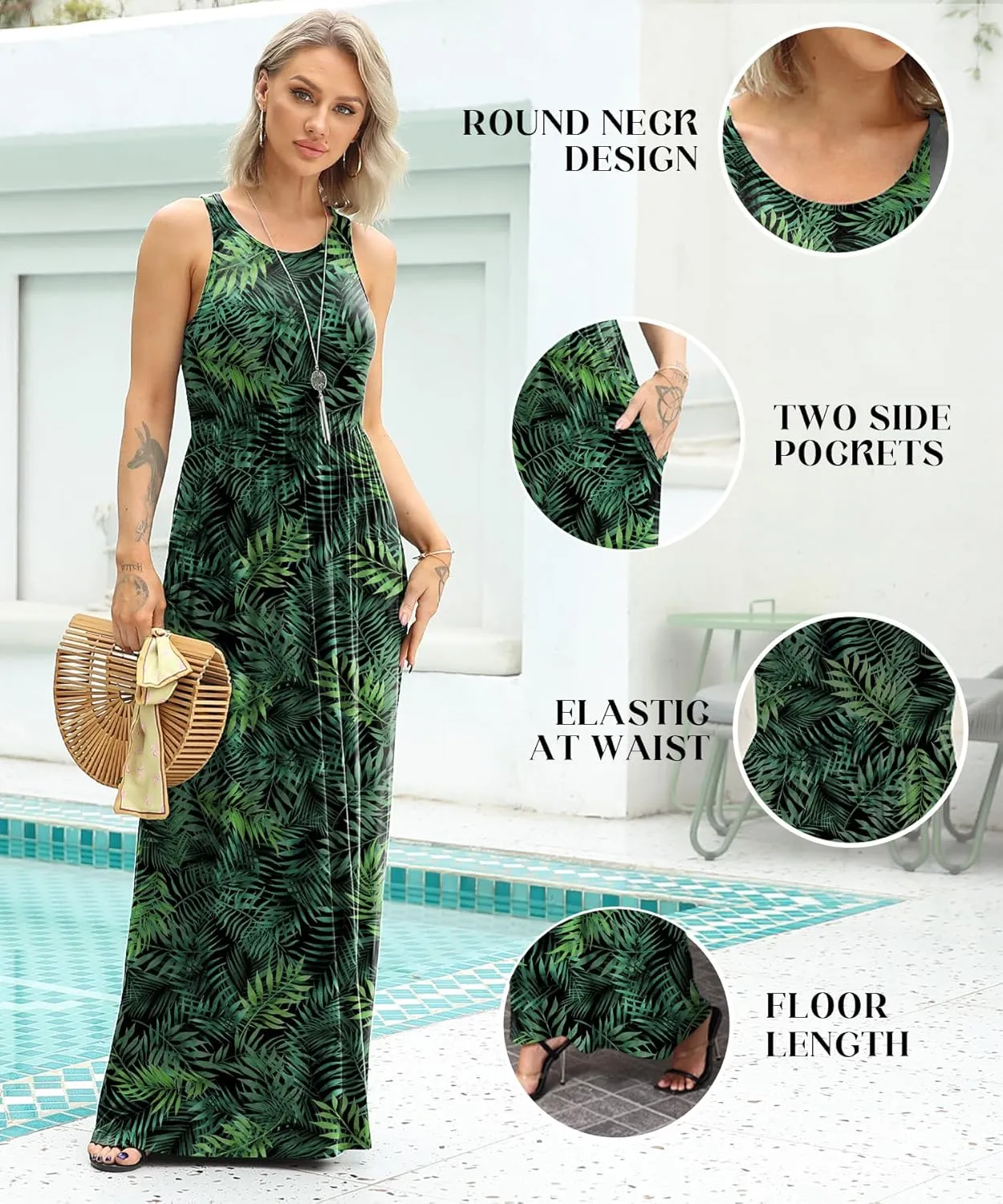 EUOVMY Women's Sleeveless Dress Casual Plain Loose Summer Vacation Long Maxi Dresses with Pockets