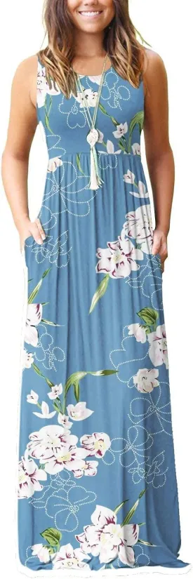 EUOVMY Women's Sleeveless Maxi Dress Casual Floral Loose Summer Vacation Long Maxi Dresses with Pockets