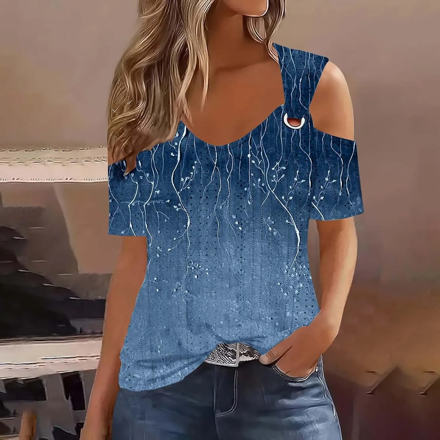 Eyelet Cold Shoulder Tops for Women Casual Strappy Short Sleeve Open Shirts Cut Out Dressy Sexy Foral Tunic Top