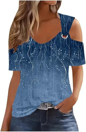 Eyelet Cold Shoulder Tops for Women Casual Strappy Short Sleeve Open Shirts Cut Out Dressy Sexy Foral Tunic Top