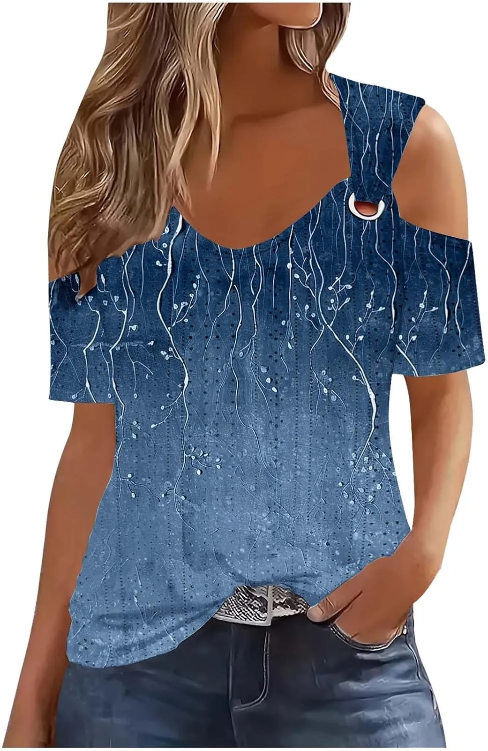 Eyelet Cold Shoulder Tops for Women Casual Strappy Short Sleeve Open Shirts Cut Out Dressy Sexy Foral Tunic Top
