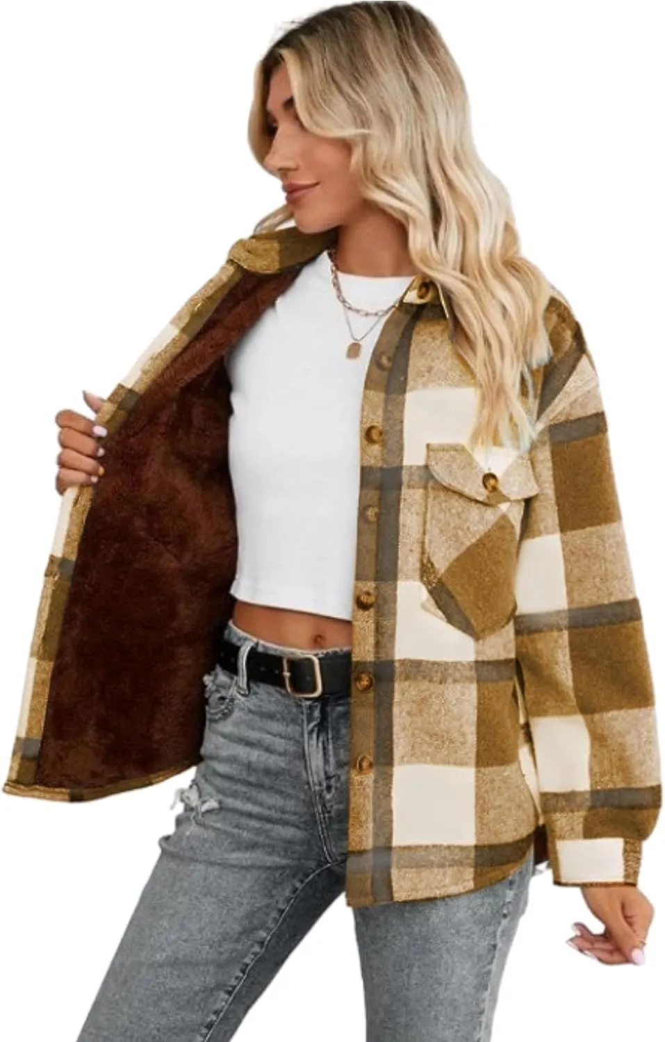 FindThy Women's Warm Sherpa Lined Fleece Plaid Flannel Shirt Jacket Button Down Fuzzy Shacket
