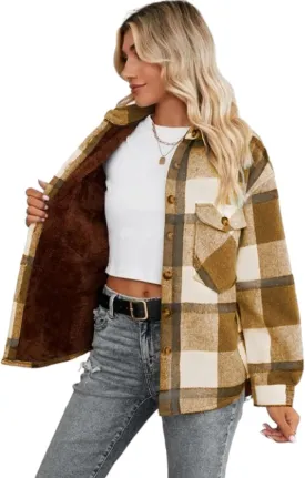 FindThy Women's Warm Sherpa Lined Fleece Plaid Flannel Shirt Jacket Button Down Fuzzy Shacket