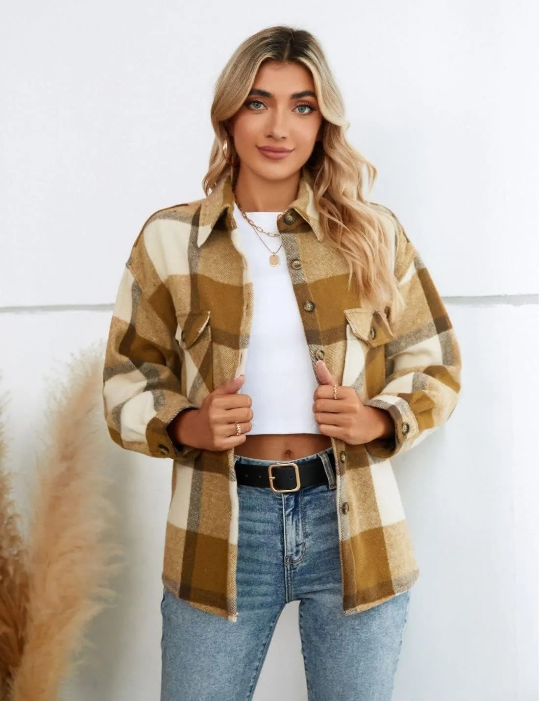 FindThy Women's Warm Sherpa Lined Fleece Plaid Flannel Shirt Jacket Button Down Fuzzy Shacket