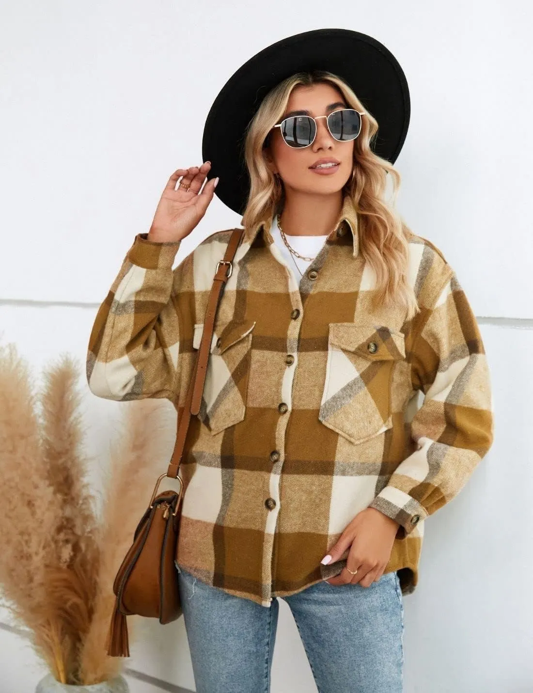 FindThy Women's Warm Sherpa Lined Fleece Plaid Flannel Shirt Jacket Button Down Fuzzy Shacket