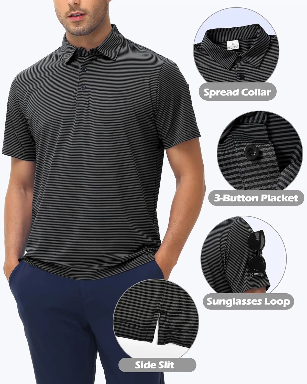 Golf Polos for Men - Striped Sport Polo Shirts for Men Quick Dry Slim Fit, Funny Men Work Golf Shirt Moisture Wicking