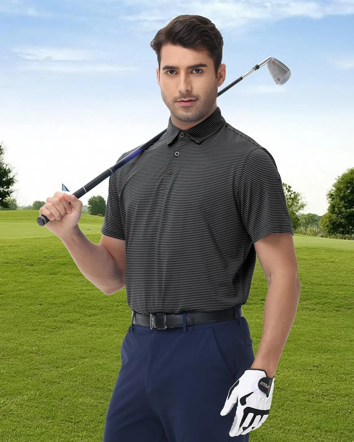 Golf Polos for Men - Striped Sport Polo Shirts for Men Quick Dry Slim Fit, Funny Men Work Golf Shirt Moisture Wicking