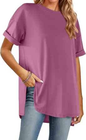 HOTOUCH Womens Oversized T Shirts Crewneck Short Sleeve Workout Blouse Tops Summer Casual Dropped Shoulder Tunic Tee