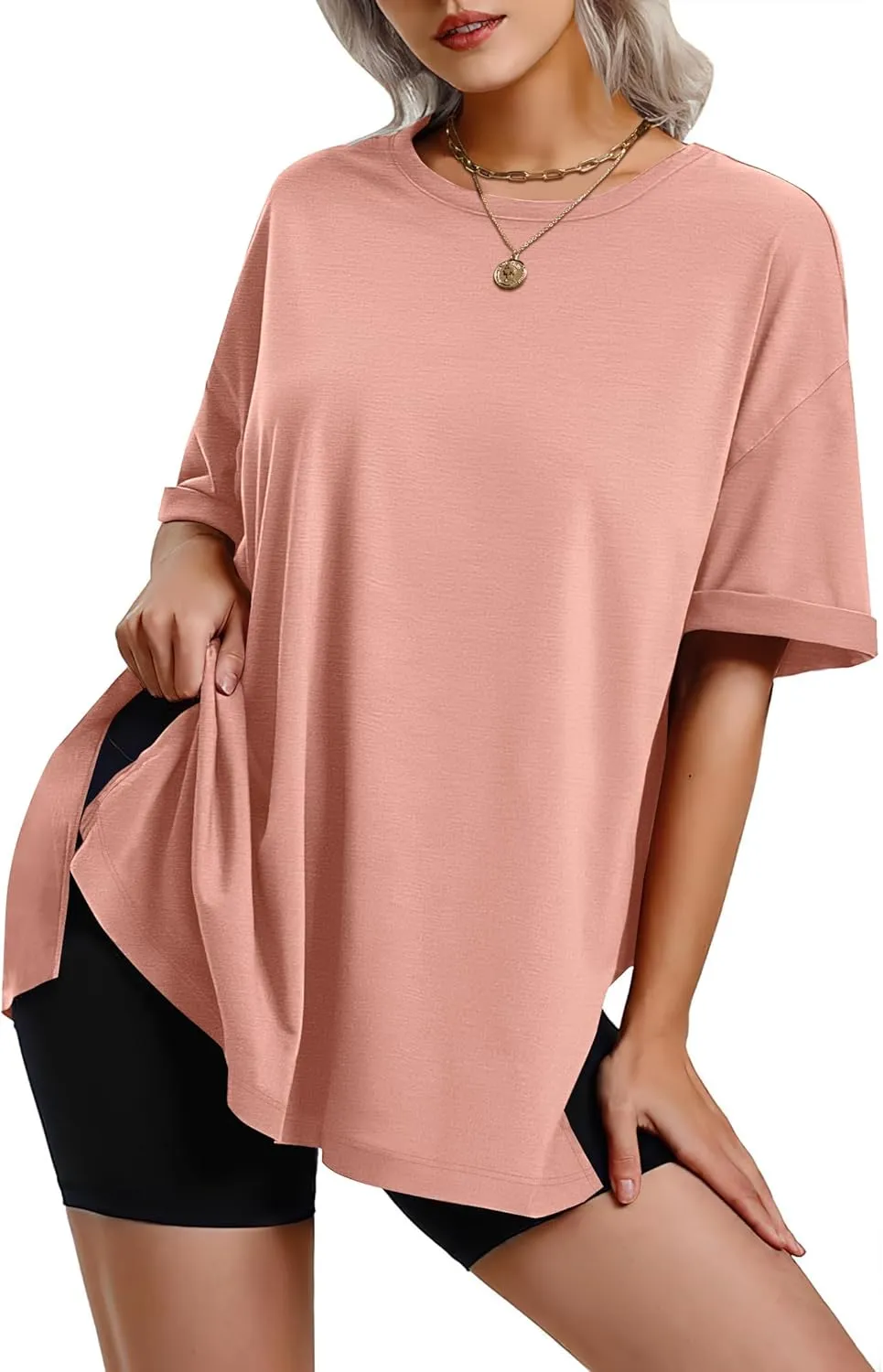 HOTOUCH Womens Oversized T Shirts Crewneck Short Sleeve Workout Blouse Tops Summer Casual Dropped Shoulder Tunic Tee