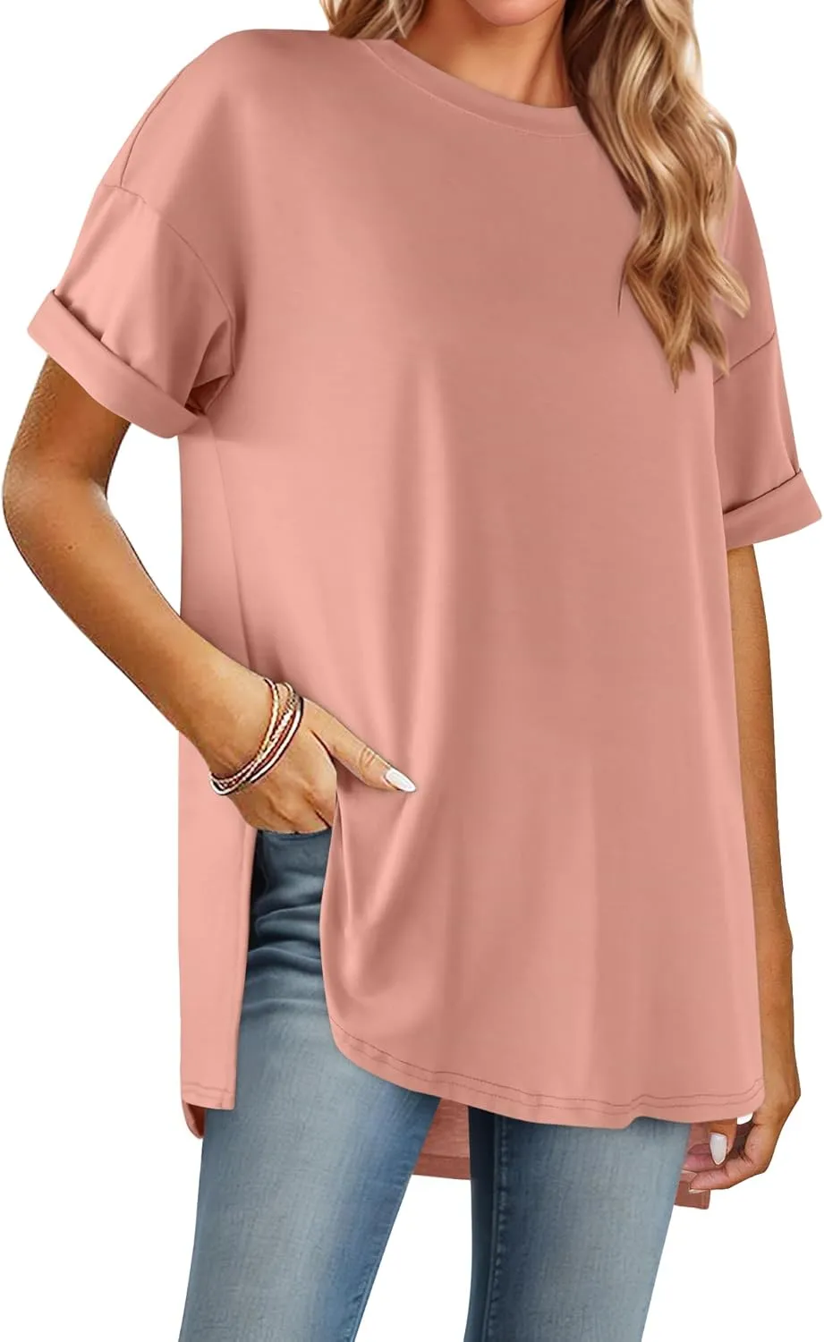 HOTOUCH Womens Oversized T Shirts Crewneck Short Sleeve Workout Blouse Tops Summer Casual Dropped Shoulder Tunic Tee
