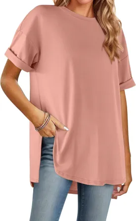 HOTOUCH Womens Oversized T Shirts Crewneck Short Sleeve Workout Blouse Tops Summer Casual Dropped Shoulder Tunic Tee