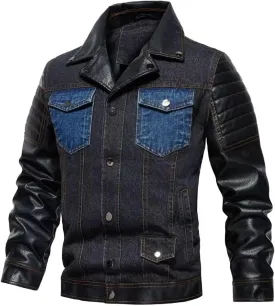 INVACHI Men's Denim Jacket Patchwork Faux Leather Motorcycle Jacket Slim Fit Biker Coat With Stand Collar