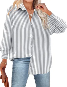 IN'VOLAND Womens Plus Size Button Down Shirt Striped Casual Shirt Long Sleeve Fall Blouse Collared Office Work Blouses Tops