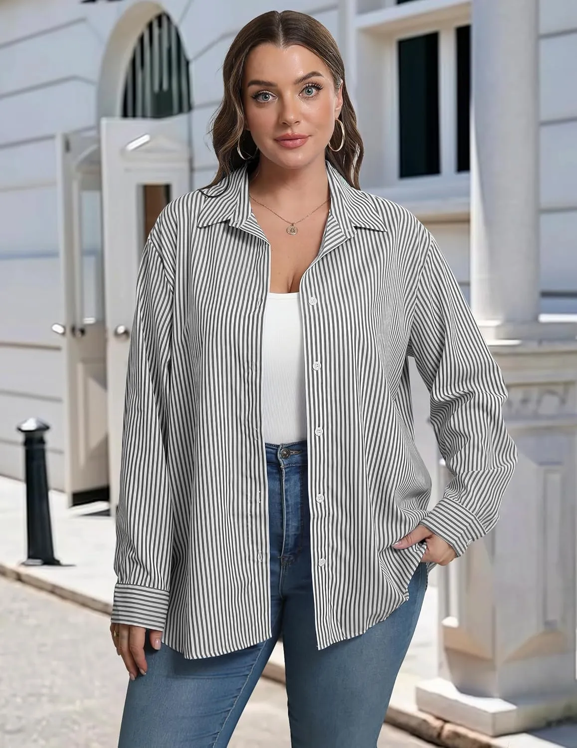 IN'VOLAND Womens Plus Size Button Down Shirt Striped Casual Shirt Long Sleeve Fall Blouse Collared Office Work Blouses Tops