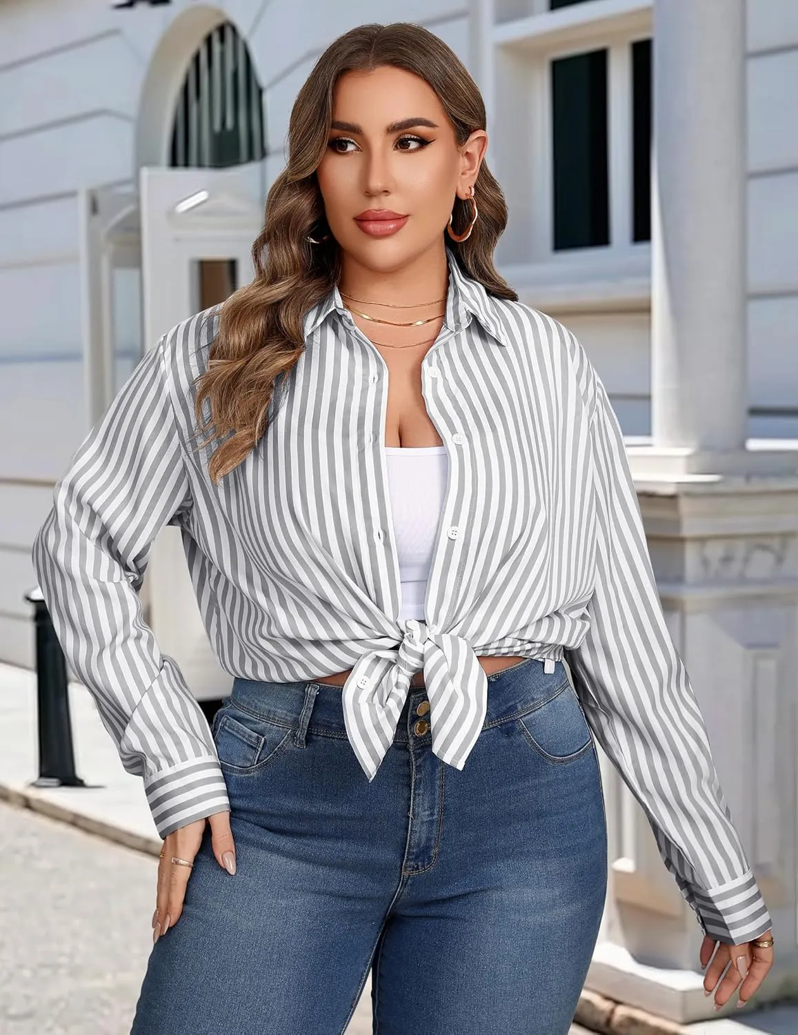IN'VOLAND Womens Plus Size Button Down Shirt Striped Casual Shirt Long Sleeve Fall Blouse Collared Office Work Blouses Tops