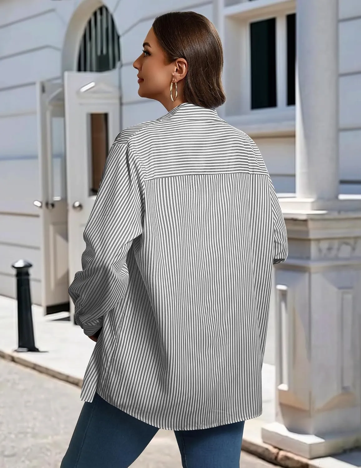 IN'VOLAND Womens Plus Size Button Down Shirt Striped Casual Shirt Long Sleeve Fall Blouse Collared Office Work Blouses Tops