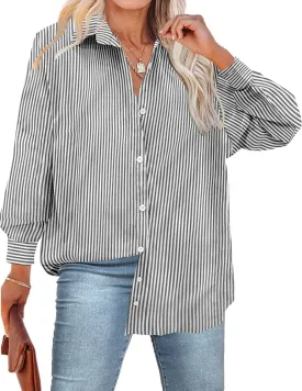 IN'VOLAND Womens Plus Size Button Down Shirt Striped Casual Shirt Long Sleeve Fall Blouse Collared Office Work Blouses Tops