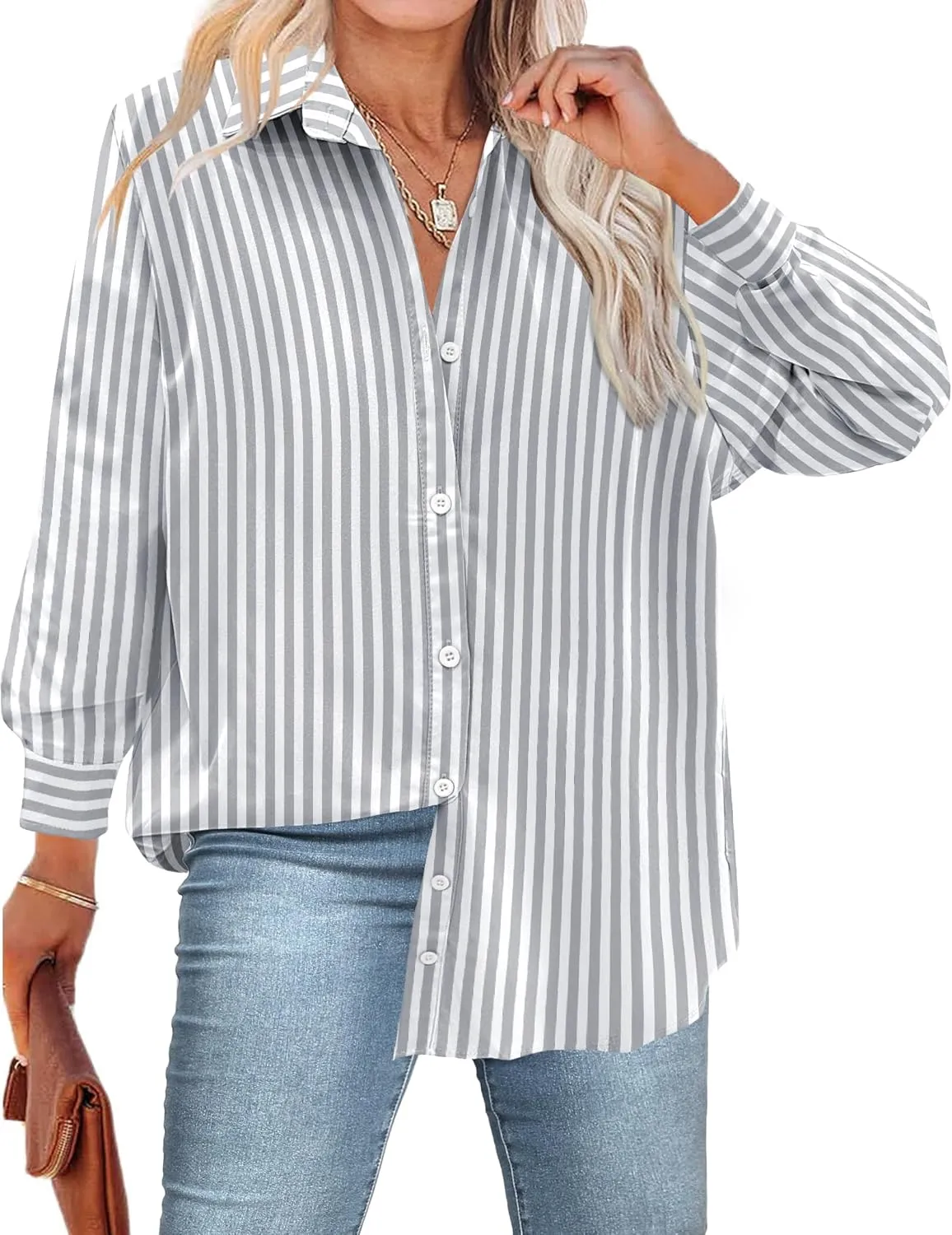 IN'VOLAND Womens Plus Size Button Down Shirt Striped Casual Shirt Long Sleeve Fall Blouse Collared Office Work Blouses Tops