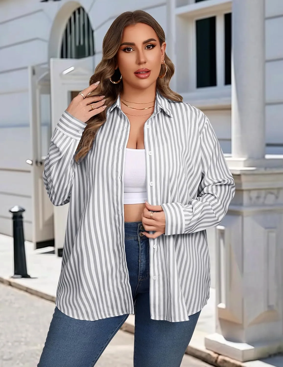 IN'VOLAND Womens Plus Size Button Down Shirt Striped Casual Shirt Long Sleeve Fall Blouse Collared Office Work Blouses Tops