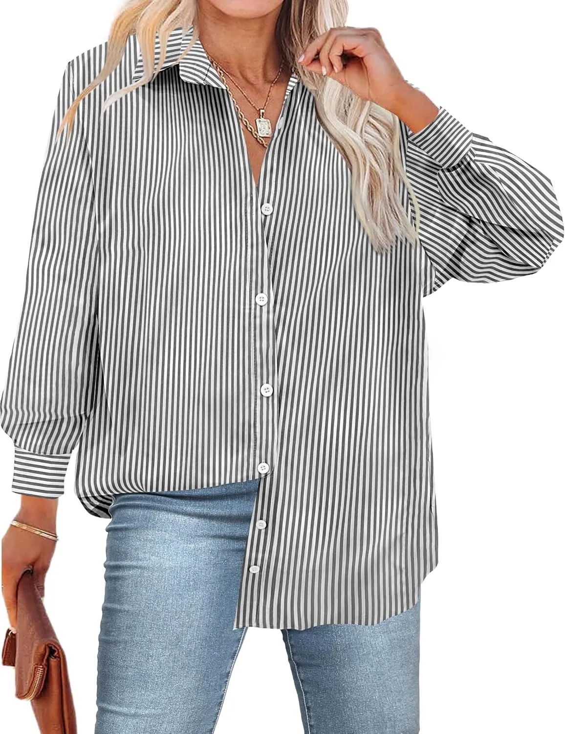 IN'VOLAND Womens Plus Size Button Down Shirt Striped Casual Shirt Long Sleeve Fall Blouse Collared Office Work Blouses Tops