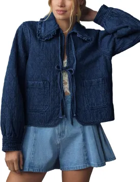 Kedera Womens Denim Jacket Casual Long Sleeve Peter Pan Collar Denim Shirts Tie Front Shacket Loose Fit Top