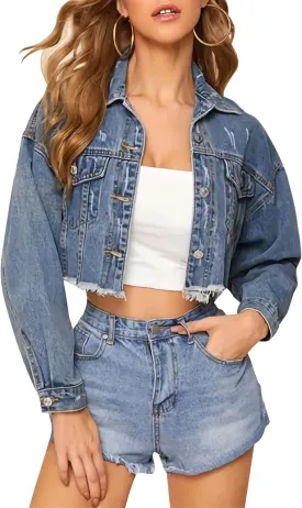 Kissonic Women's Cropped Distressed Frayed Hem Long Sleeve Button Down Denim Jean Jacket