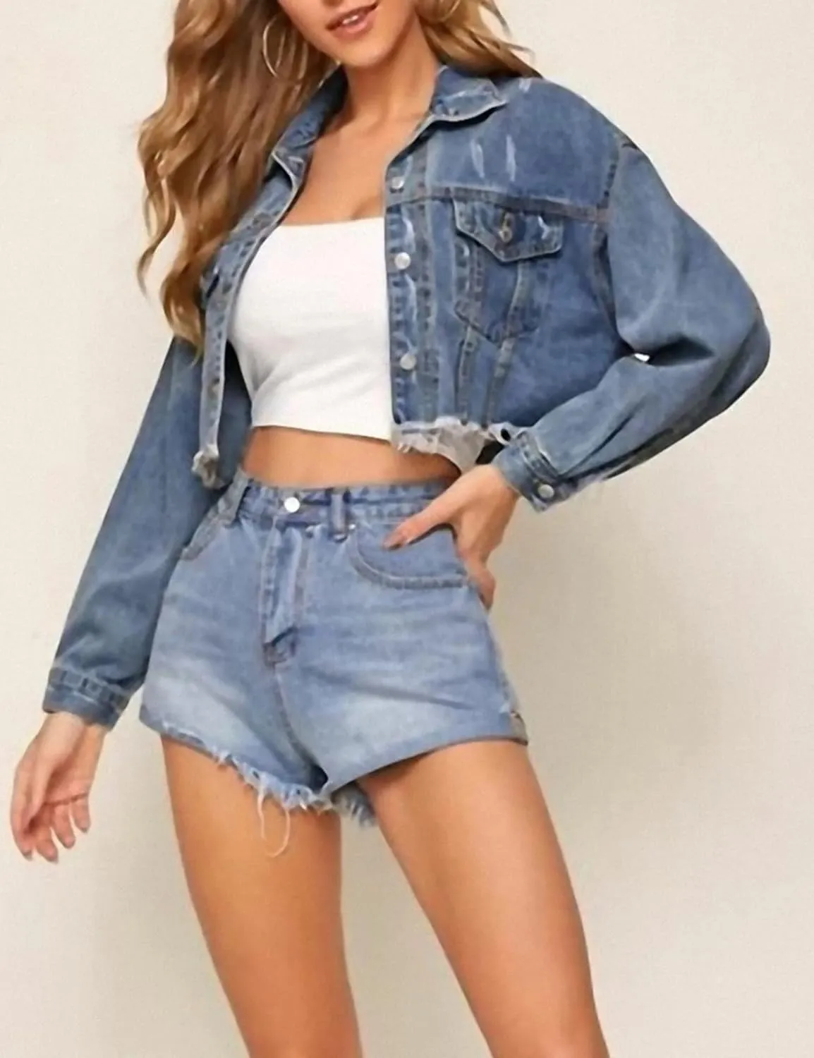 Kissonic Women's Cropped Distressed Frayed Hem Long Sleeve Button Down Denim Jean Jacket