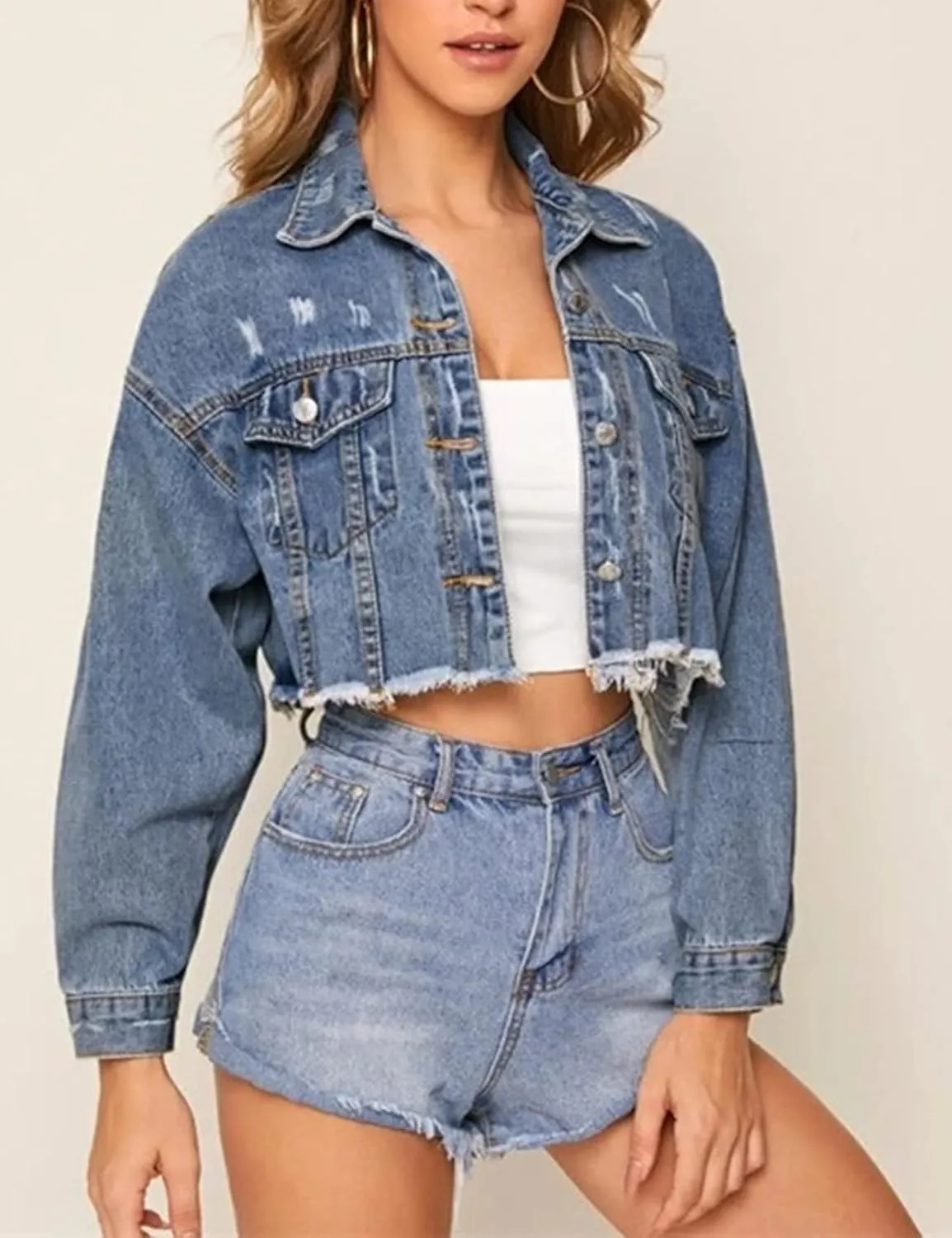Kissonic Women's Cropped Distressed Frayed Hem Long Sleeve Button Down Denim Jean Jacket