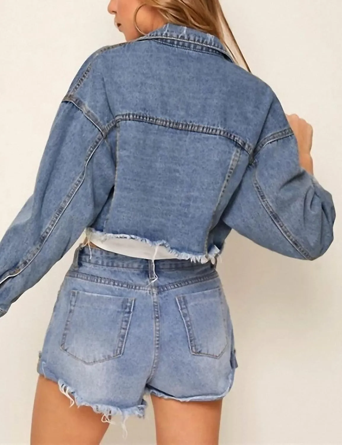 Kissonic Women's Cropped Distressed Frayed Hem Long Sleeve Button Down Denim Jean Jacket