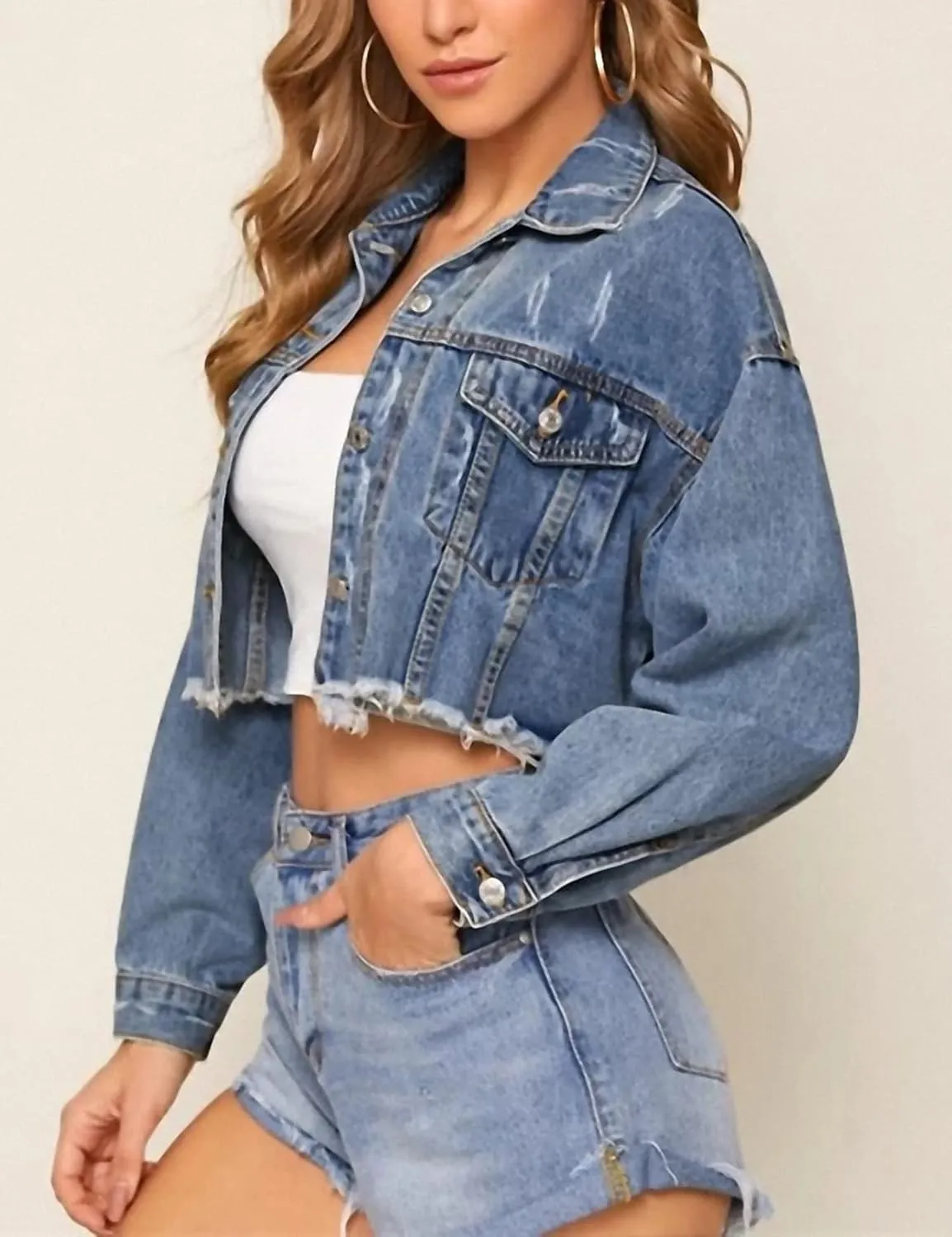 Kissonic Women's Cropped Distressed Frayed Hem Long Sleeve Button Down Denim Jean Jacket
