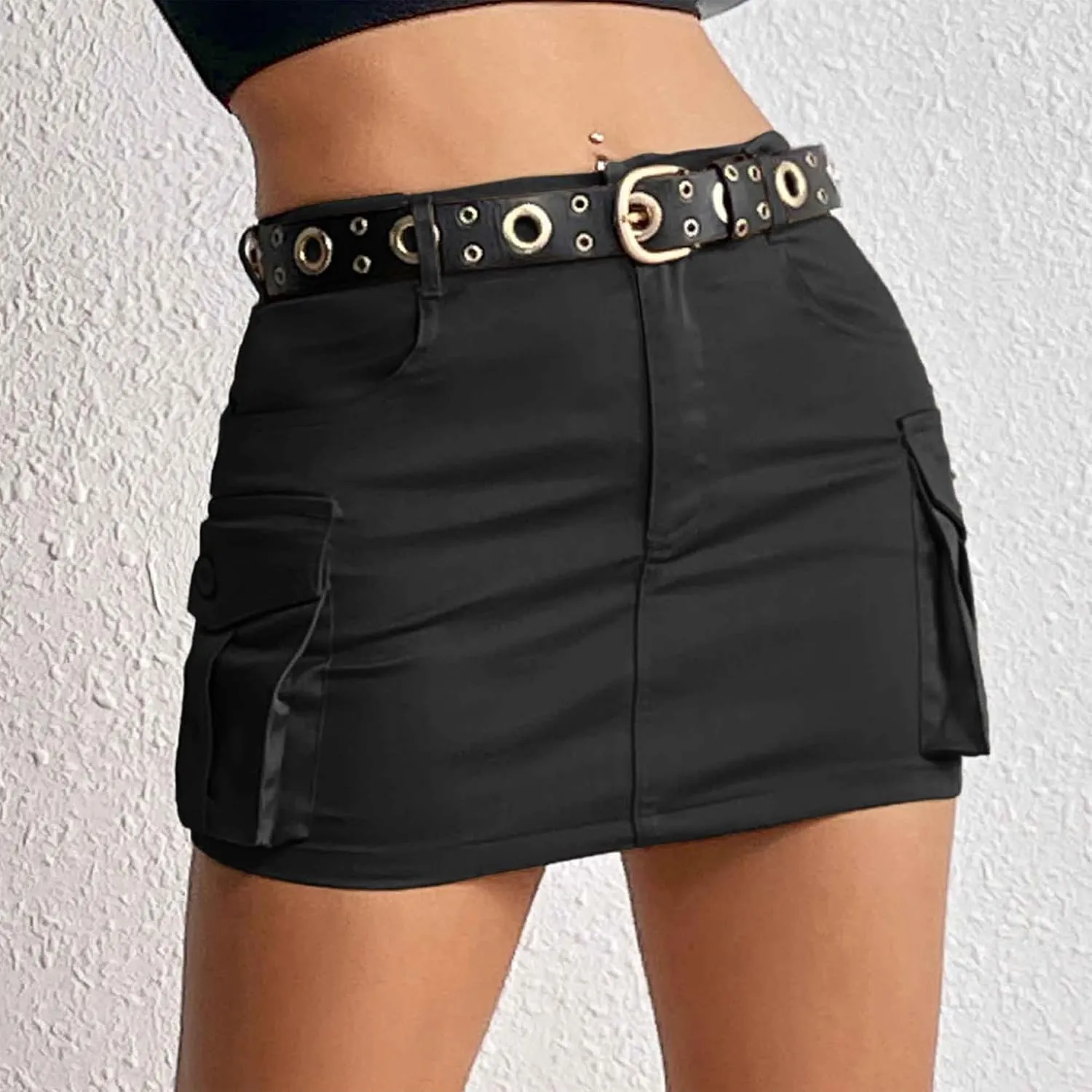 Komorebi Cargo Skirts for Women Mini Y2K Skirt Low Rise Flat Pockets Button Bodycon Denim Jean Skirts