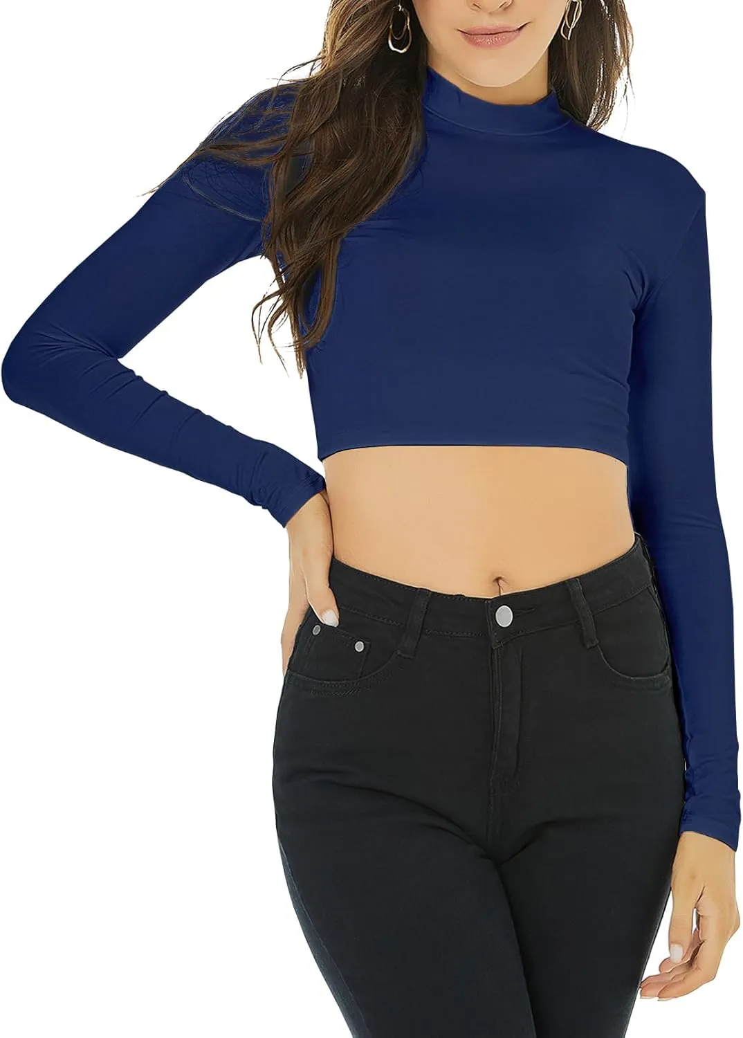 LONGBIDA Women's Long Sleeve Mock Neck Pure Soft Thin Sexy Stretch Crop TOP T Shirt